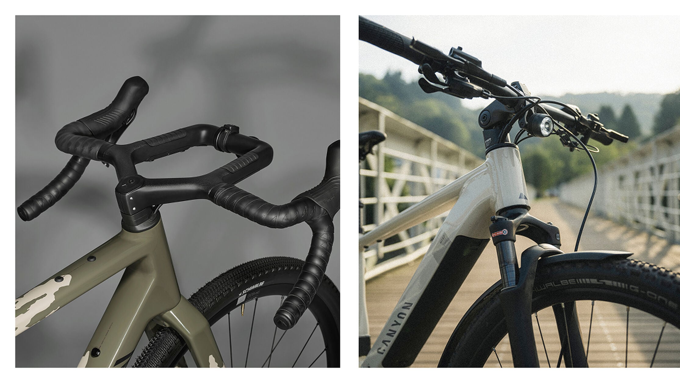 Gravel bike vs hybrid: Comparing the Canyon Grizl's drop bars with the Canyon Pathlite:ONfly's flat setup.