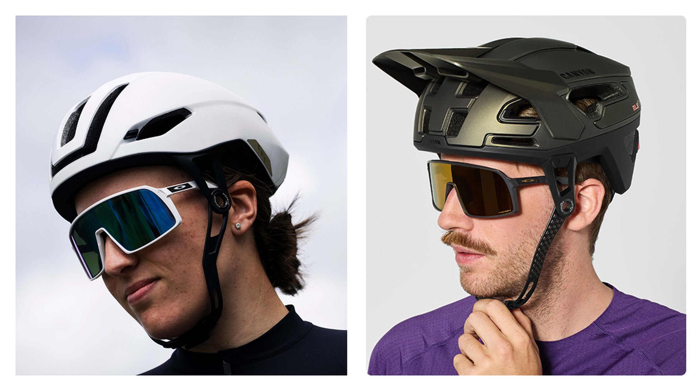 Side-by-side image showing Canyon CFR Helmet on a road cyclist (left) and Canyon Trail Helmet on a mountain biker (right), highlighting key cycling essentials