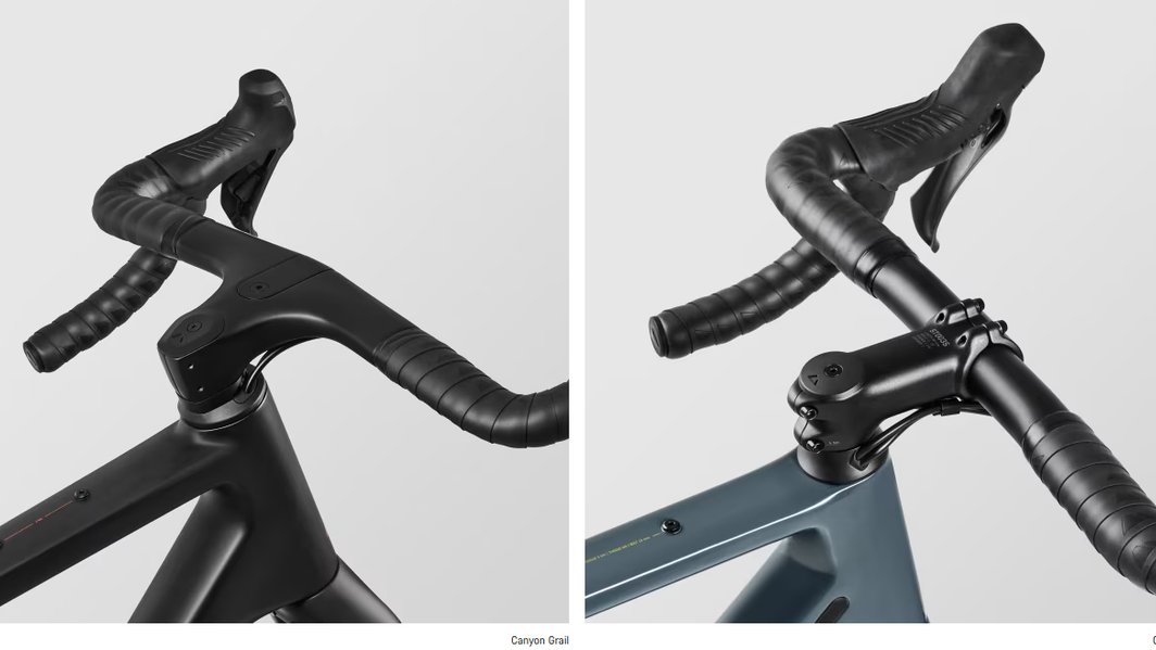 Canyon GrailとGrizlの比較:ハンドルとコクピットの設計の比較 Canyon Grailの一体型二階建てハンドルとCanyon Grizlのステムとハンドルが別体の従来型コクピットをグラベルライド使用する場合の比較です。