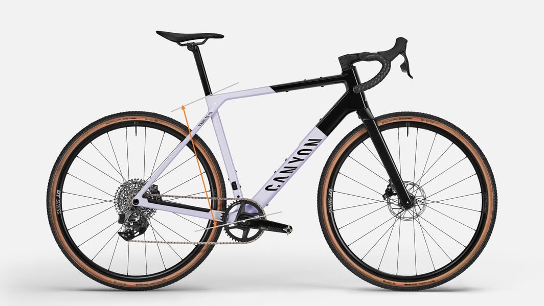 Gravel Bike Seat Tube Length – Geometry for Fit and Efficiency Side view of a Canyon gravel bike with seat tube length highlighted, illustrating how this measurement influences fit, leg extension, and comfort.