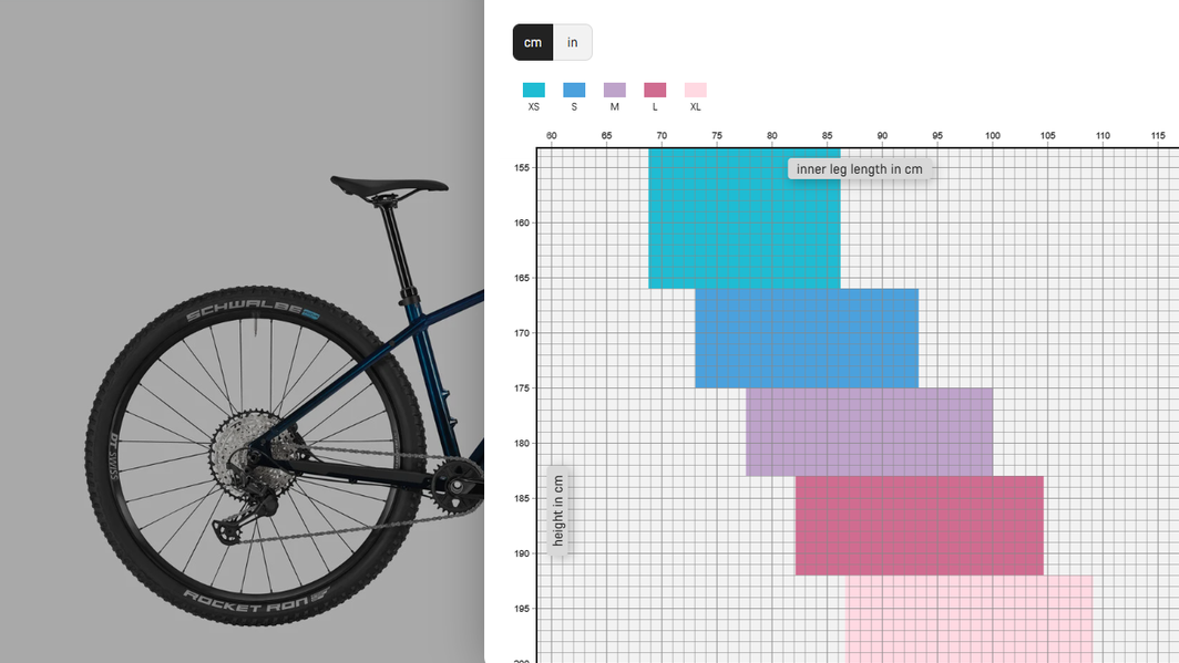 What measurements do I need to find my Canyon mountain bike size? Color-coded size chart for mountain bikes, showing recommended bike sizes based on rider height and inner leg length for precise sizing.