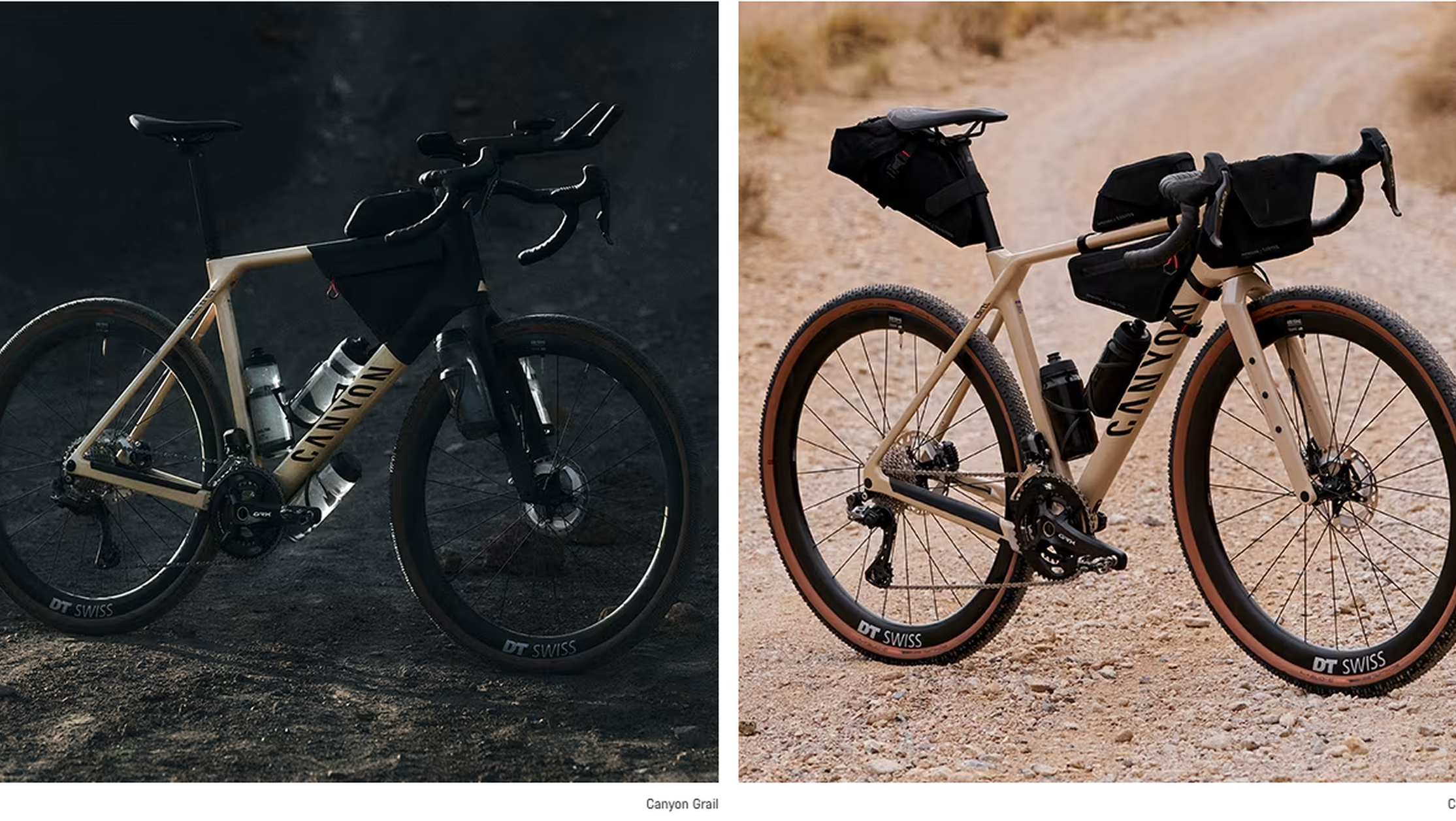 Canyon GrailとCanyon Grizlの2種類のグラベルバイクを比較します。グラベルツーリングや山岳路の旅を想定したフレームバッグやギアストレージのセットアップの違いをご覧ください。