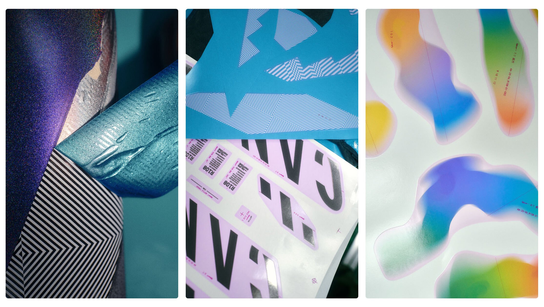 フェリペ・パントン（左と中央）とエレナ・サルミストラロ（右）によるMyCanyon Opusフレームのデカール配置と切り抜き。