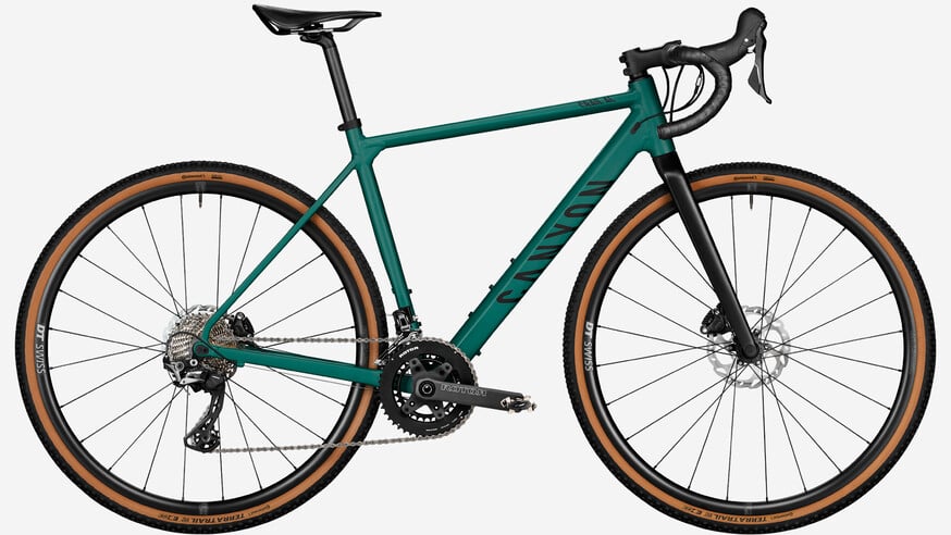 Dark green Canyon Grail 7 gravel bike with disc brakes and Shimano GRX groupset
